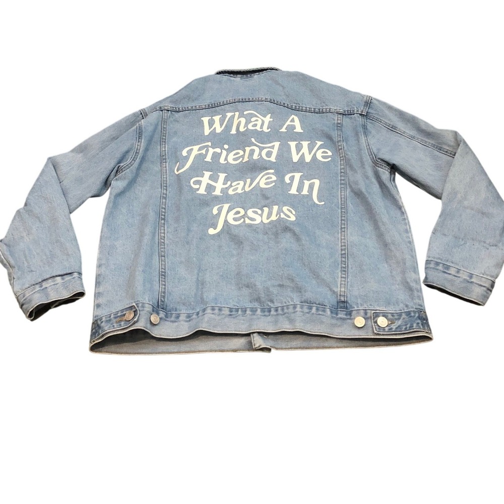 Elevated Faith Denim Jacket Unisex Large Light Blue Embroidered Trucker Coat